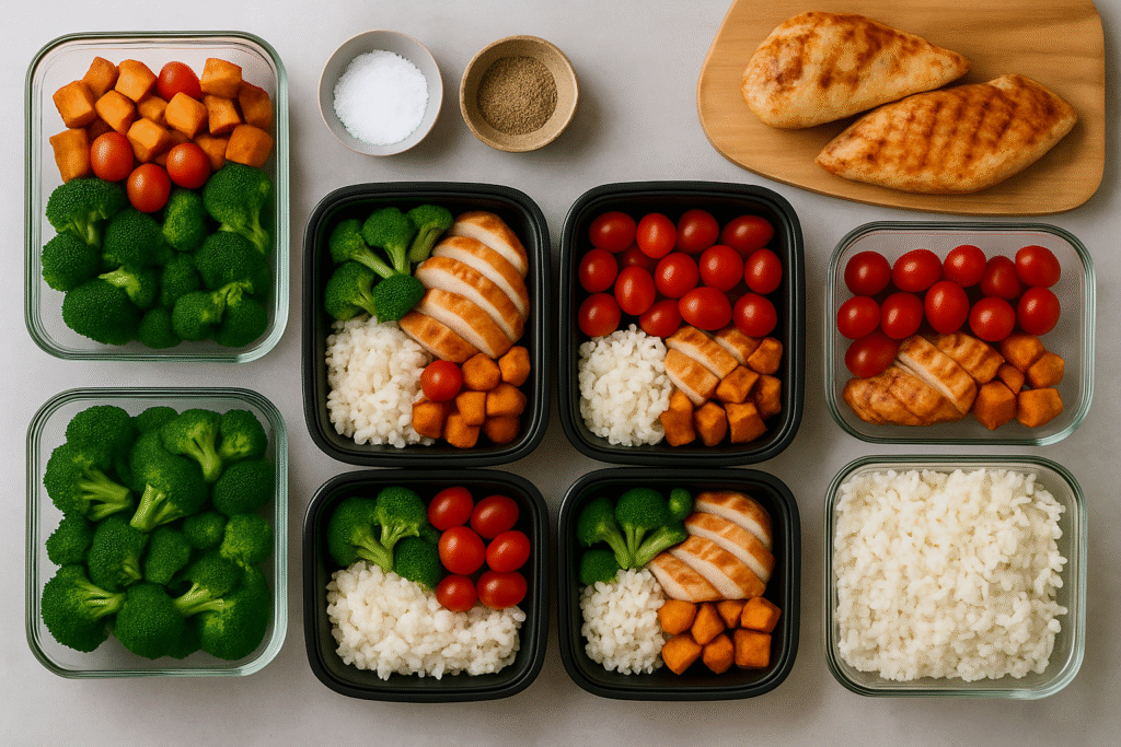 Repas-prepares-a-lavance-–-Meal-prep-avec-legumes-riz-et-poulet_YBLOPTIMA.FR_-1024x683 Meal Planners : comment organiser ses repas efficacement