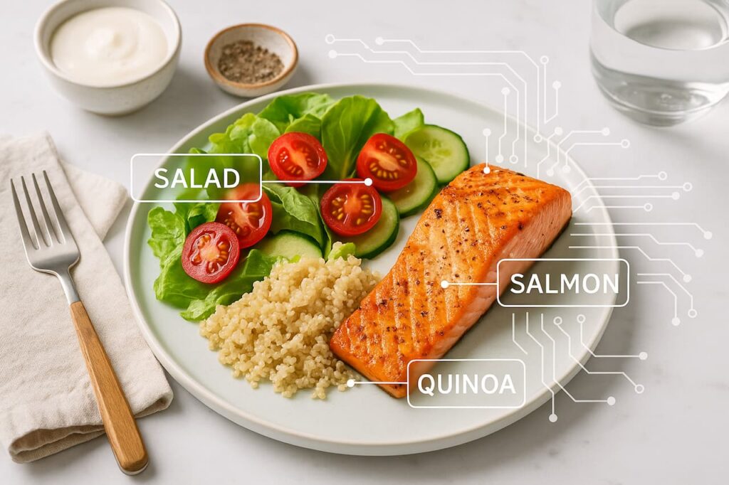 Assiette-equilibree-analysee-par-lintelligence-artificielle-en-food-tech_YBLOPTIMA-1024x682 Food tech : comment l’intelligence artificielle transforme nos assiettes