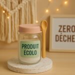 Produit écolo esthétique mis en scène sur une table avec décor green tendance