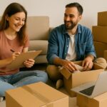 Un couple souriant transporte des cartons de déménagement dans un salon lumineux