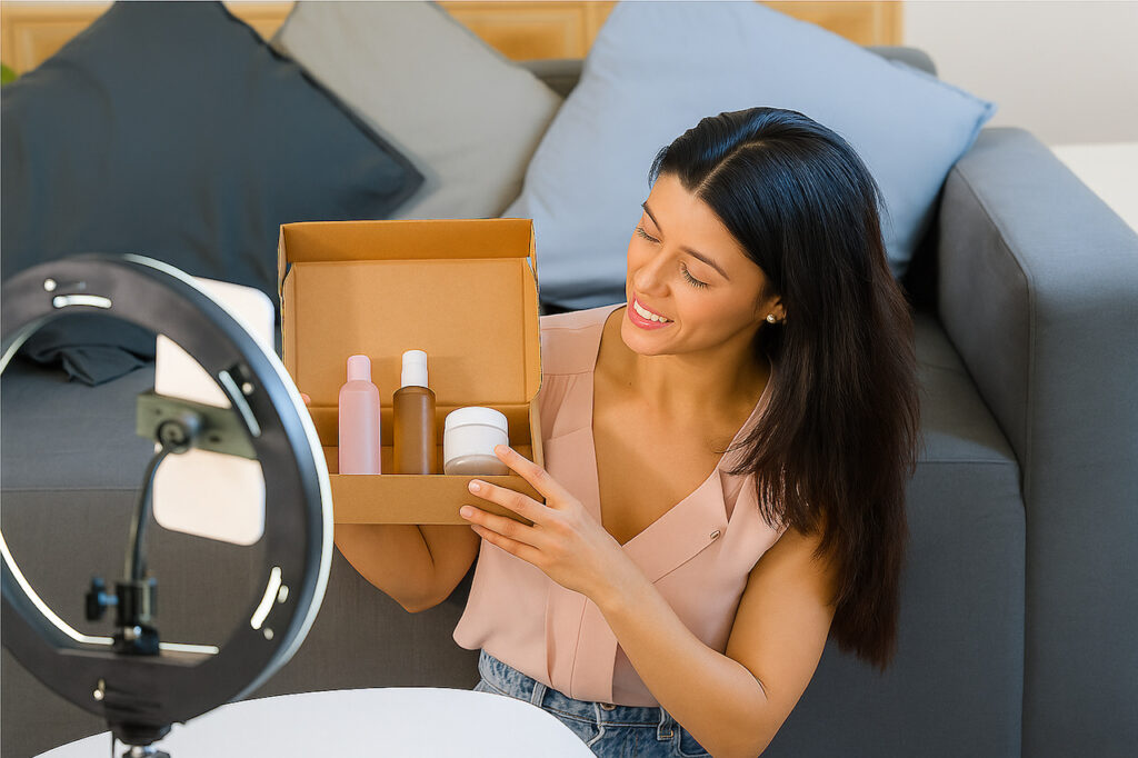 Influenceuse-TikTok-presentant-des-produits-de-beaute-en-video_YBLOPTIMA.FR_-1024x682 Pourquoi TikTok influence (vraiment) ta façon de consommer