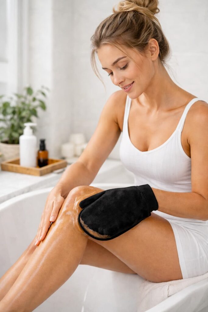 Application-autobronzant-jambes-avec-gant_ybloptima-683x1024 Retrouver un teint hâlé en hiver grâce aux mousses autobronzantes