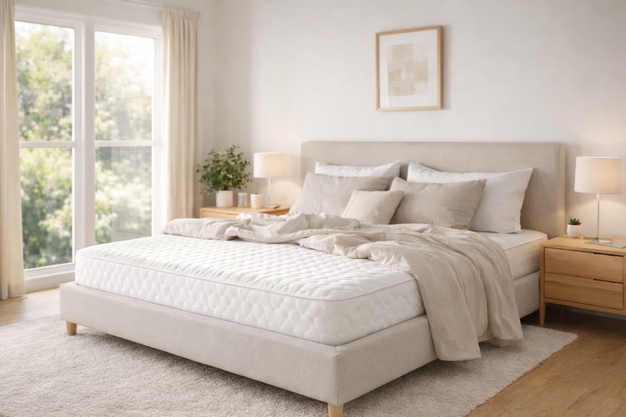 Chambre moderne avec grand lit et matelas confortable pour un sommeil réparateur