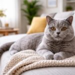 Chat British Shorthair installé confortablement sur un canapé dans un appartement