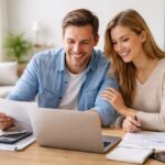 Jeune couple consultant des documents financiers et planifiant leur retraite sur ordinateur à domicile