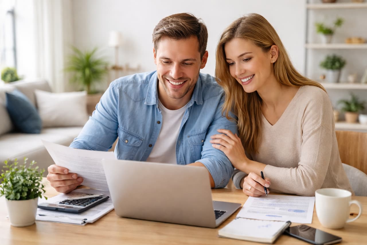 Jeune couple consultant des documents financiers et planifiant leur retraite sur ordinateur à domicile