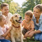 Famille jouant avec un golden retriever dans un parc pour illustrer le choix d’un chien adapté à la vie familiale