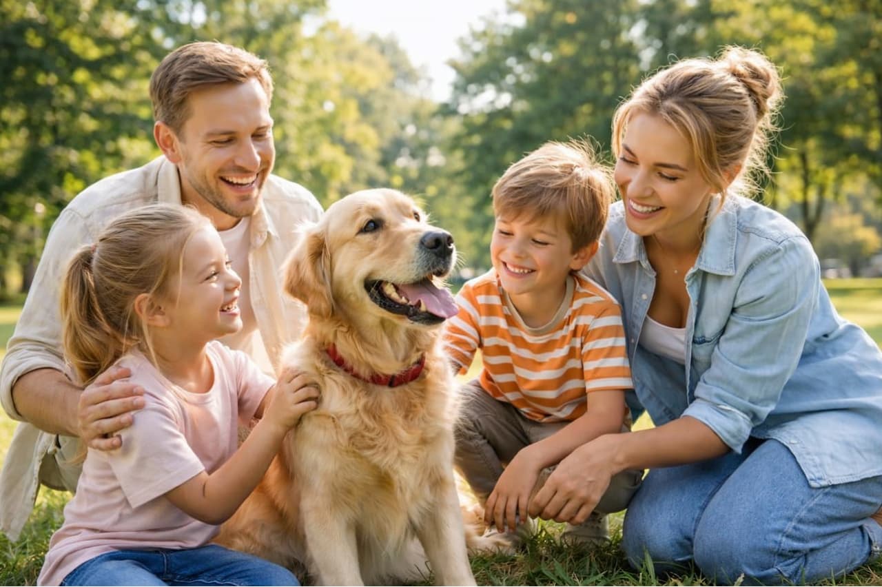 Famille jouant avec un golden retriever dans un parc pour illustrer le choix d’un chien adapté à la vie familiale