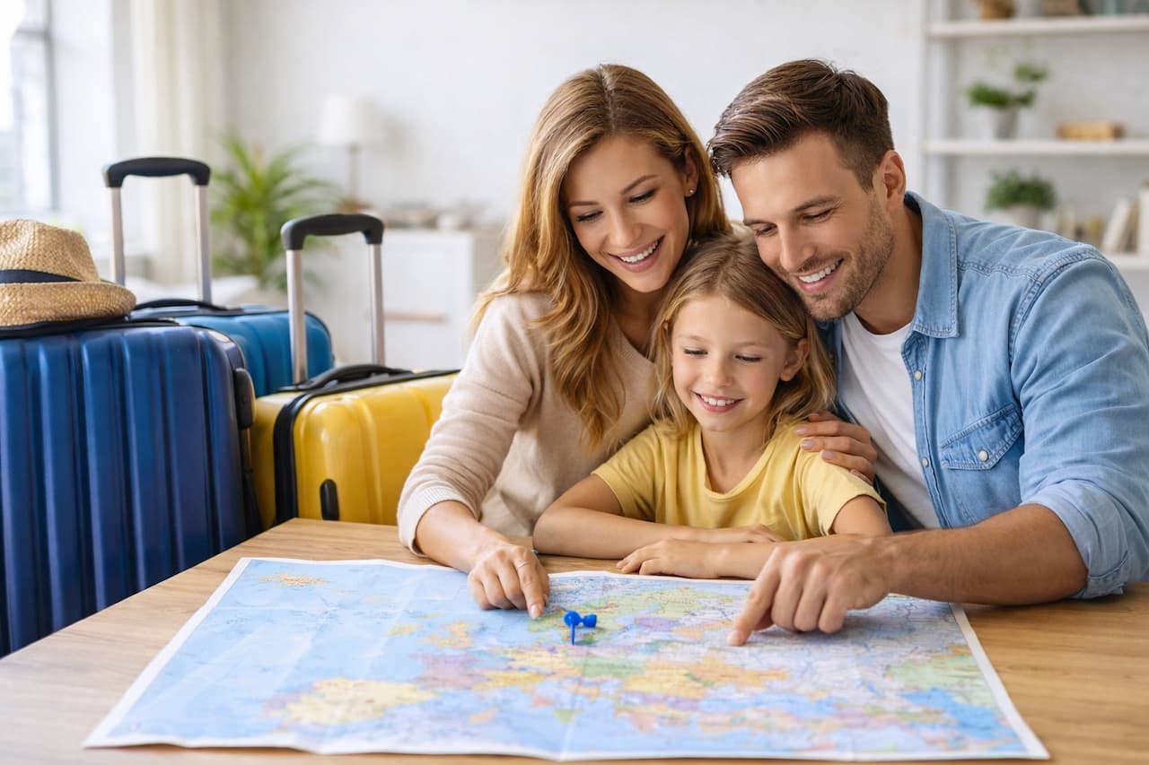 Famille préparant voyage été 2026 en consultant carte Europe pour choisir destination sûre