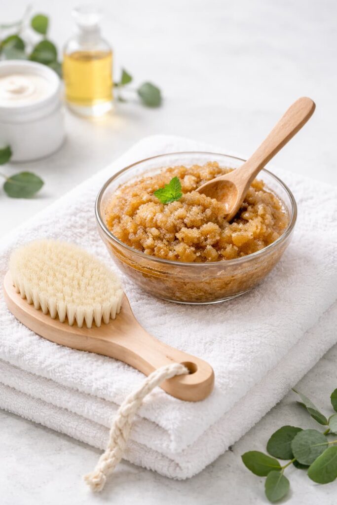 Gommage-exfoliant-preparation-autobronzant_ybloptima-683x1024 Retrouver un teint hâlé en hiver grâce aux mousses autobronzantes