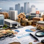 Investissement en SCPI avec immobilier professionnel, pièces en euros et graphiques financiers illustrant la diversification et les revenus immobiliers