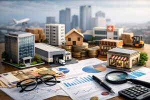 Investissement en SCPI avec immobilier professionnel, pièces en euros et graphiques financiers illustrant la diversification et les revenus immobiliers