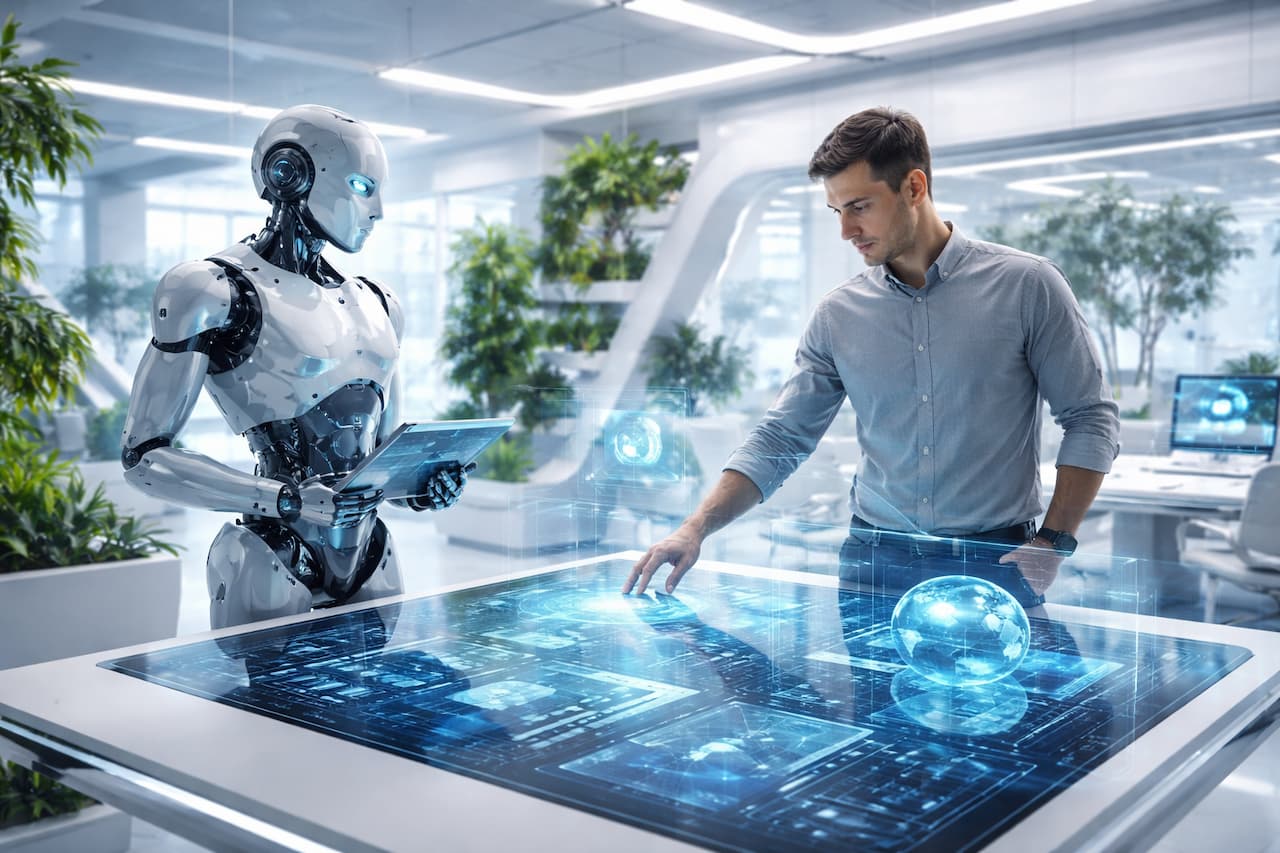 Bureau futuriste illustrant les métiers du futur avec technologie et collaboration humain-robot