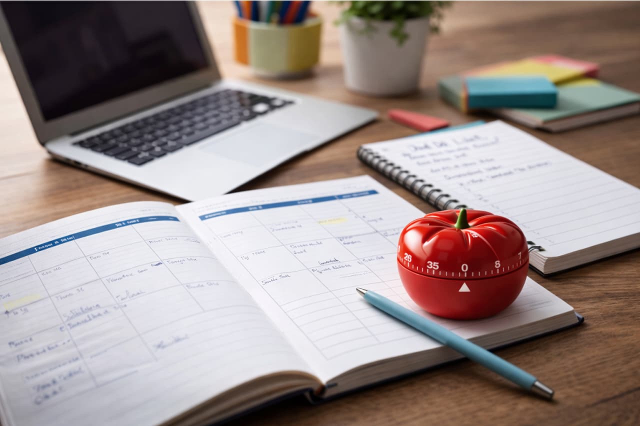 Bureau organisé avec agenda, ordinateur et minuteur Pomodoro illustrant une méthode de gestion du temps efficace