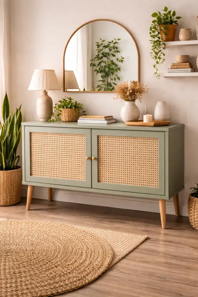 Meuble-DIY-deco-avec-cannage-dans-un-salon-chaleureux_YBLOPTIMA.FR_-683x1024 10 projets DIY débutants pour transformer son intérieur sans se ruiner