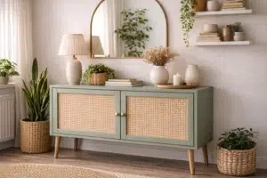 Meuble IKEA relooké DIY avec portes en cannage naturel et peinture vert doux, style déco moderne
