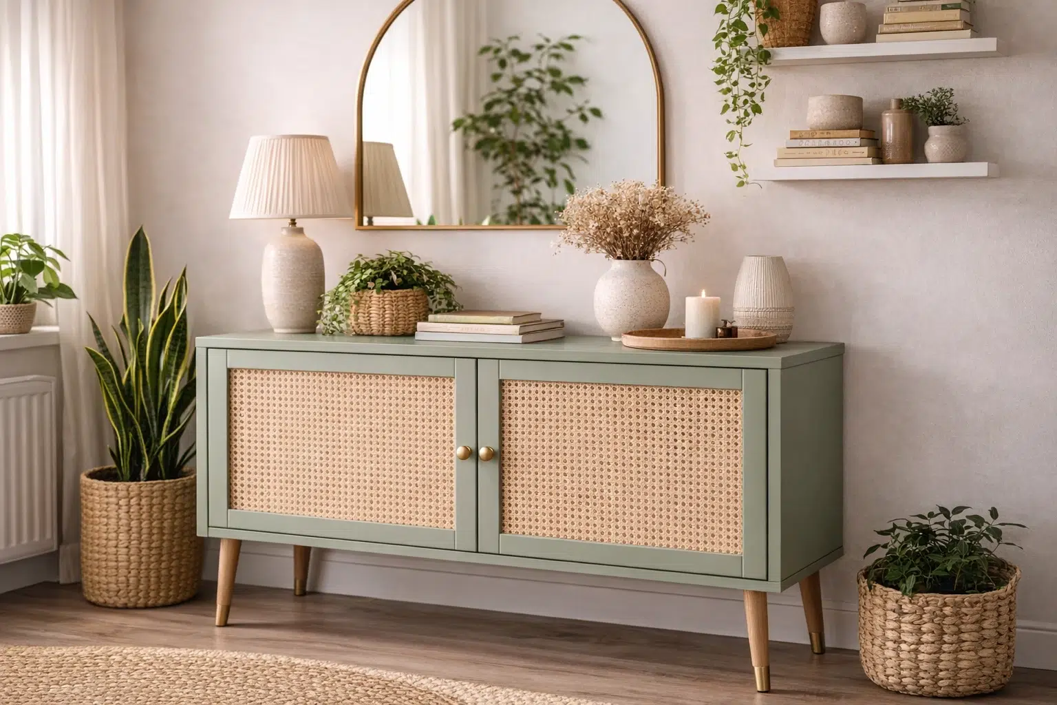 Meuble IKEA relooké DIY avec portes en cannage naturel et peinture vert doux, style déco moderne