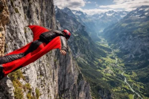 Athlète en wingsuit volant près d'une falaise de montagne illustrant les sports extrêmes