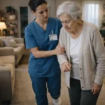 Aide-soignante accompagnant une personne dans un établissement de soins