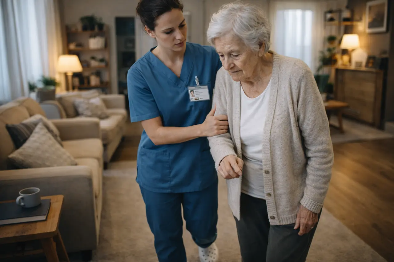 Aide-soignante accompagnant une personne dans un établissement de soins