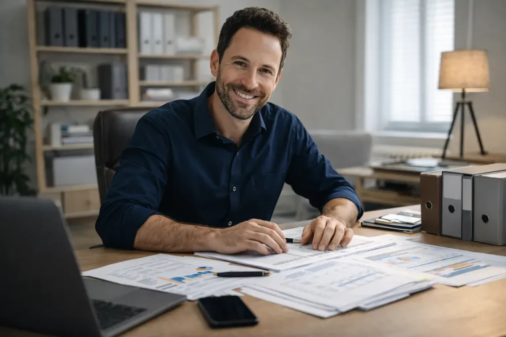 Auto-entrepreneur-satisfait-de-sa-gestion-financiere_YBLOPTIMA.FR_-1024x682 Charges Auto-Entrepreneur : Le guide complet pour tout comprendre en 2026