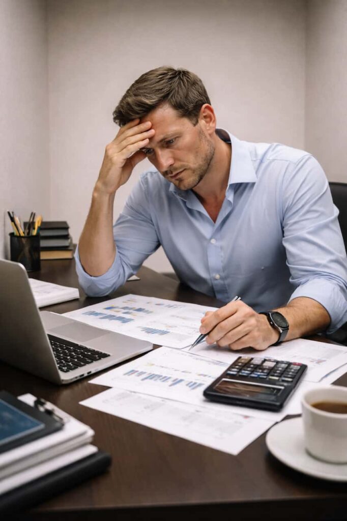 Franchise-inquiet-analysant-ses-chiffres-financiers_YBLOPTIMA.FR_-682x1024 Ouvrir une franchise en 2026 : le pour, le contre et les vrais coûts