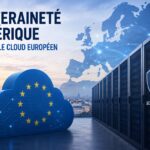 Illustration représentant la souveraineté numérique avec un cloud européen sécurisé, des serveurs informatiques et une carte de l'Europe connectée.
