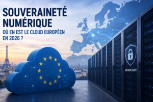 Illustration représentant la souveraineté numérique avec un cloud européen sécurisé, des serveurs informatiques et une carte de l'Europe connectée.