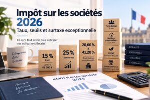 Illustration de l’impôt sur les sociétés 2026 avec les taux, seuils et contributions exceptionnelles