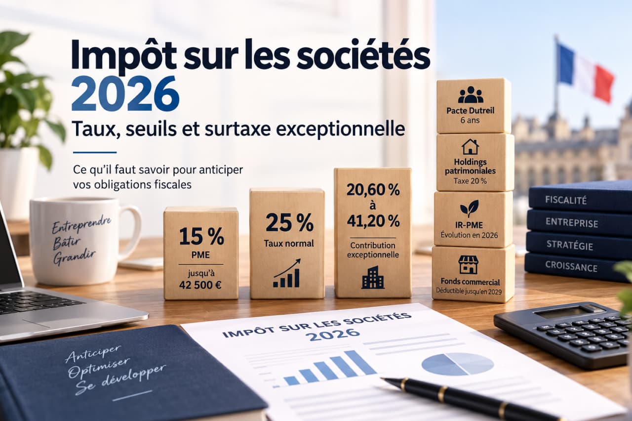 Illustration de l’impôt sur les sociétés 2026 avec les taux, seuils et contributions exceptionnelles